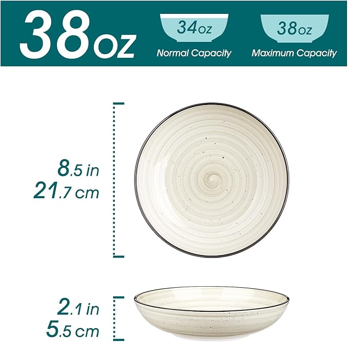 vancasso Bonbon Pasta Bowls Set of 6 38 Oz Ceramic Salad Bowls Wide and Shallow Bowls Set Large Serving Bowls for Kitchen Beige