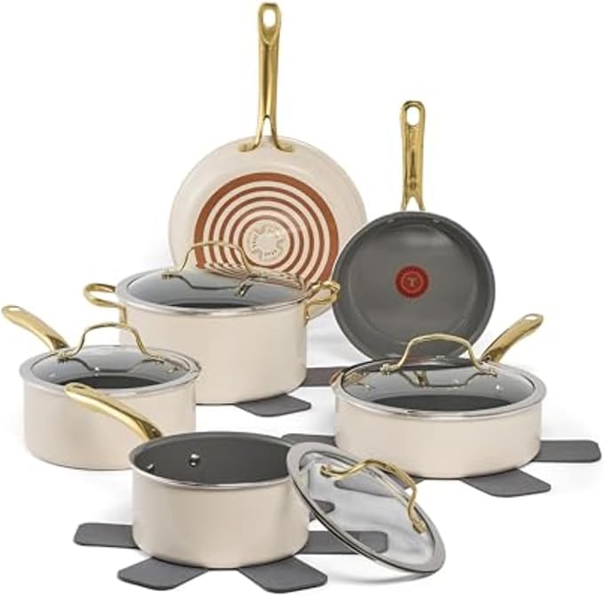 T-fal Preserve Ceramic Non stick Cookware Set 13-Piece Oven &amp Broiler Safe up to 350°F Includes Stockpot Saucepans Frying Pans Protectors Pots and Pans Beige