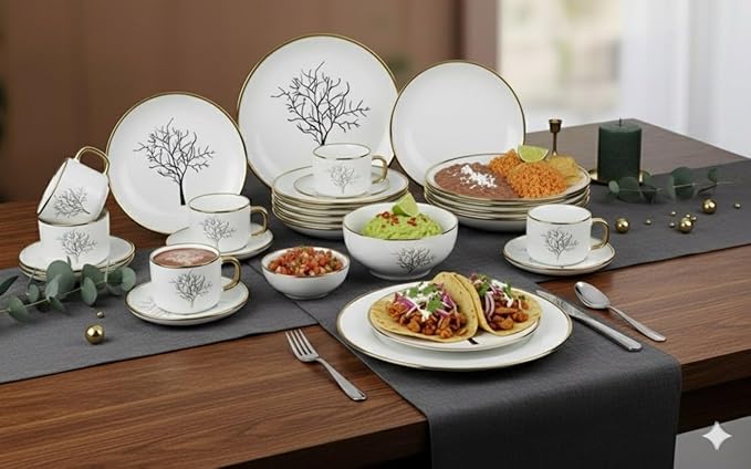 Premium Porcelain Dinnerware Set - 32 Pieces Set with Gold Rim Plates Bowls and Cups – Service for 6 (Leaf)