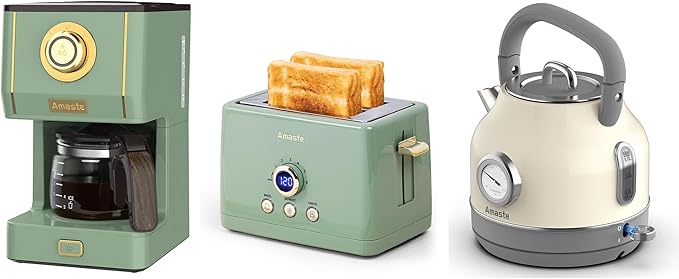 Amaste Green Coffee Maker &amp Green Toaster &amp White Retro Electric Kettle Set