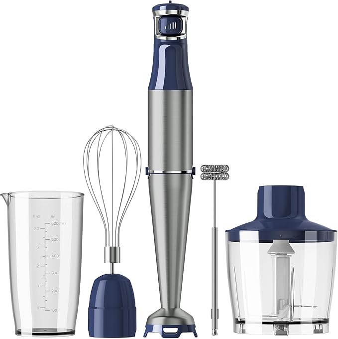 Immersion Blender Handheld Corded Hand Blenders Set 1100W Trigger Variable Speed 5 in 1 Stick Emulsifier with Chopper Whisk and Frother for Soup Baby Food and Smoothies Navy Blue