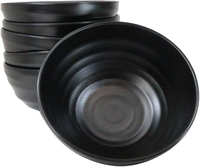 Ebros Gift Contemporary Ridged Matte Black Melamine Series Dinnerware Serveware Kitchenware Set Japanese Chinese Restaurant Supply (Pack Of 6 Round Deep Ramen Soup Pasta Salad Bowls 46oz)