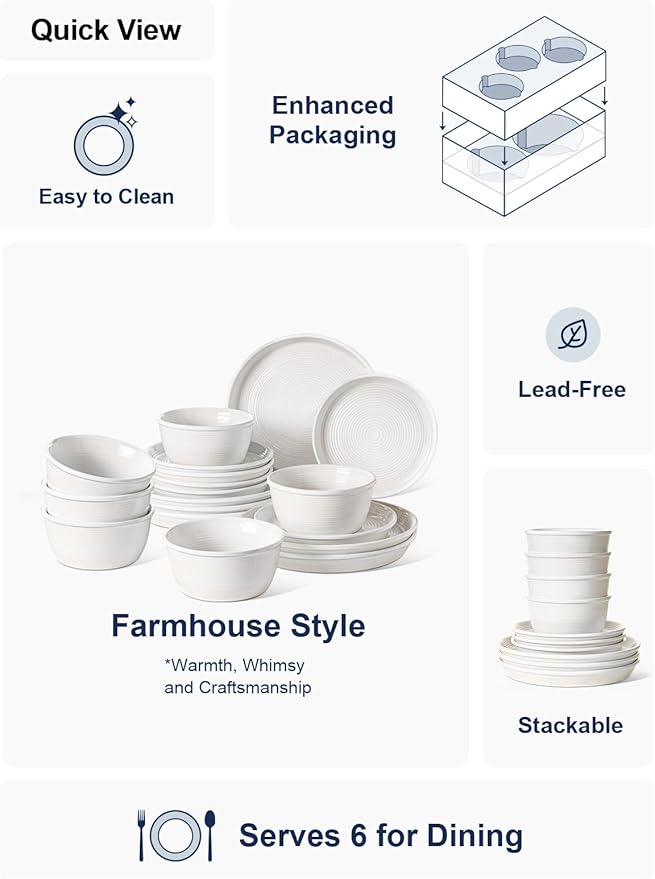 LE TAUCI Ceramic Plates and Bowls Set for 6 18-Piece Ceramic Dinnerware Set Farmhouse Dishes Set Microwave &amp Dishwasher Safe Stackable 10 Dinner+8 Salad Plates+6 Bowls White