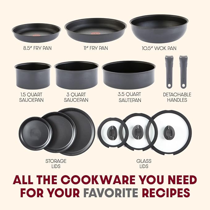 T-fal Ingenio Expertise Non Stick Cookware Set 14 Piece Induction Oven Broiler Safe 500F Detachable/Removable Handle Kitchen Cookware Pots and Pans RV Camping Fry Pans Dishwasher Safe Gray
