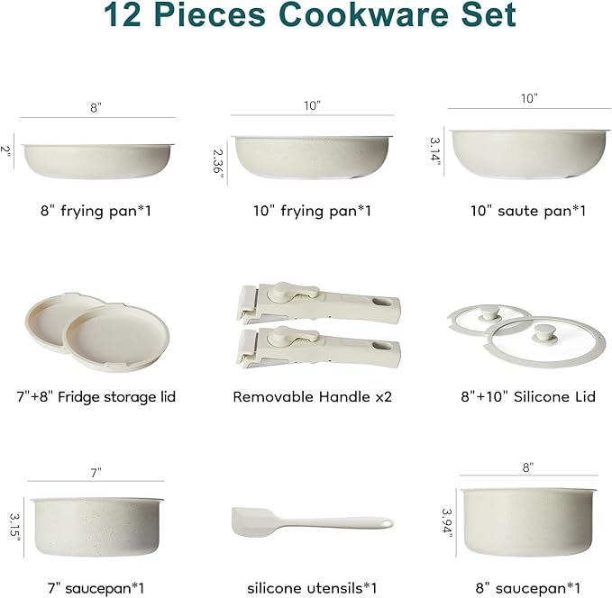 DUMOS 12 Pcs Pots and Pans Set Nonstick Kitchen Cookware Set Induction Cooking Sets Detachable Handle Milky White