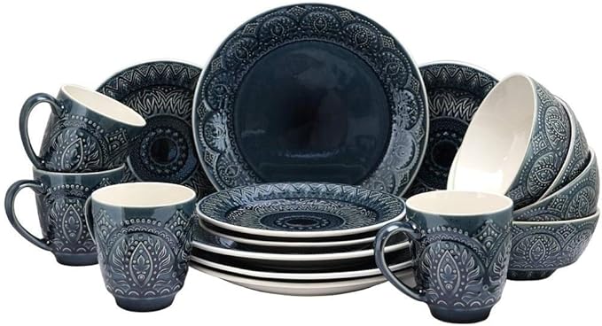 16 Piece Round Bohemian Textured Stoneware Dinnerware Sets Modern Microwave Dishwasher Safe Dark Blue Dish Set Break/Chip Resistant Durable Service for 4 Dinner/Salad Plates Bowls and Mugs