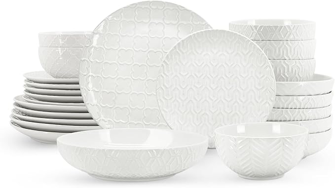 Sureasy Ceramic Plates and Bowls Sets 24 Pieces Dinnerware Sets for 6 Embossed Scratch Resistant Dinner Set Dishwasher and Microwave Safe White
