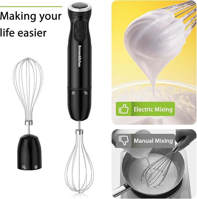 Bonsenkitchen Immersion Blender 12-Speed &amp Turbo Electric Stick Blender with Sharp Blades Egg Whisk 24oz Beaker Perfect for Soups Smoothies Sauces Easy Clean Versatile