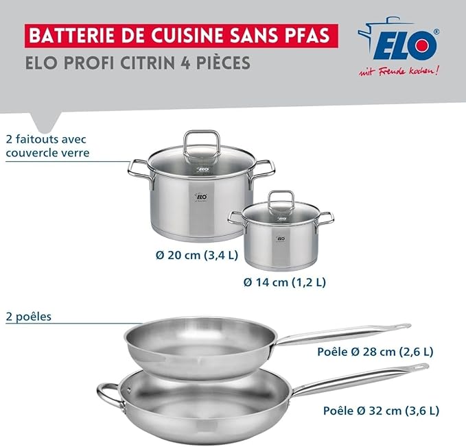 ELO 9508750 Cookware Set 4 Pieces 2 Frying Pans 28 and 32 cm and 2 Saucepans 14 and 20 cm Elo Profi Citrine Stainless Steel Induction