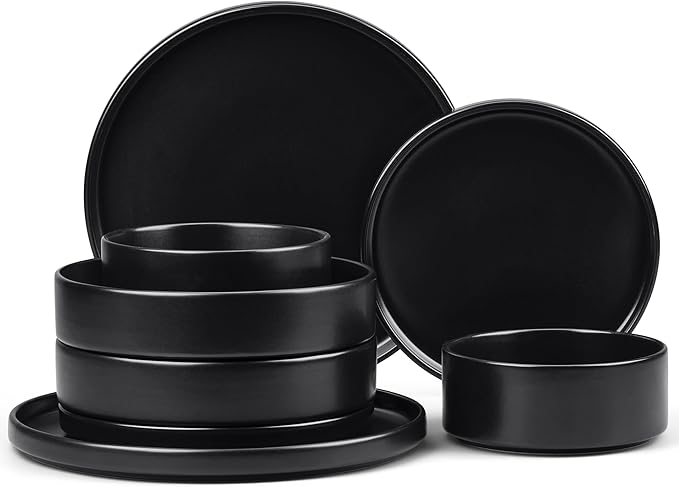 E-far 8-Piece Black Plates and Bowls Sets - Stoneware Dinnerware Sets with Pasta Bowls for 2 | Matte Black Kitchen Modern Dish Set Microwave &amp Dishwasher Safe