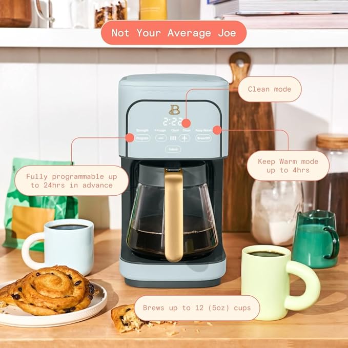 12 Cup Programmable Coffee Maker 24 Hour Auto Brew Touch Display Bold Strength Control Glass Carafe Reusable Filter Auto Shut Off (Hydrangea)