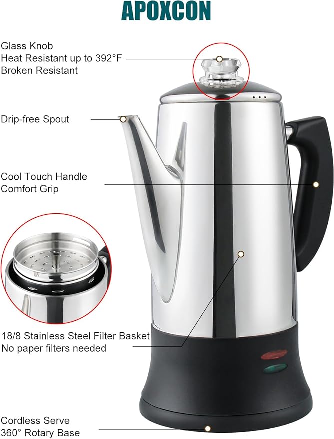 Electric Coffee Percolator Stainless Steel Coffee Maker with Two Heat Resistant Tough Glass Clear Brew Progress Knob Classic Look Keep Warm &amp Cordless Serving Coffee Pot 12 Cup