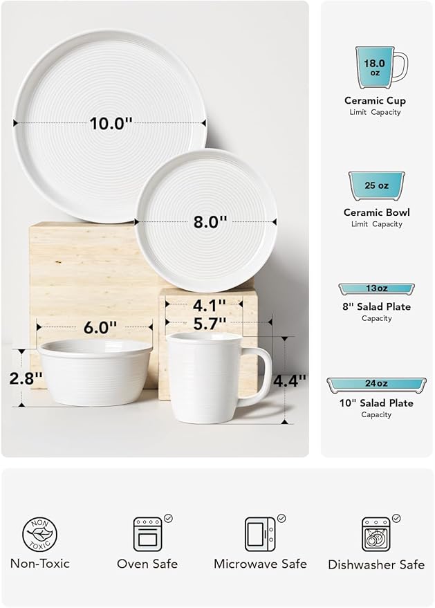 LE TAUCI Dinnerware Sets with Mugs for 4 Stoneware Plates and Bowls Set Stackable Microwave &amp Dishwasher Safe Ceramic Dishes 16-Piece White (10 Dinner &amp 8 Salad Plates 6 Bowls 18 oz