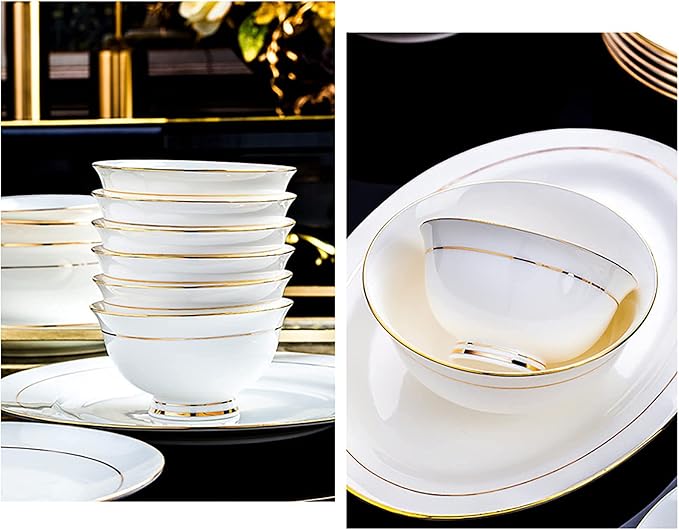 42 Pieces Dinner Set for 6 White Porcelain Bone China Kitchen Combi-Set Tableware Set with Cereal Bowl Bowls Dessert Plates Soup Plates Dinner Plates with Gold Rim