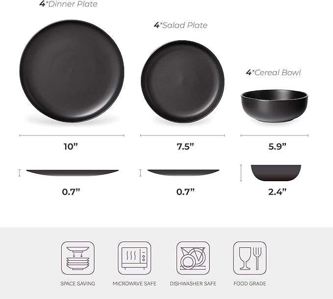 12-Piece Matte Black Dinnerware SetStoneware Dinnerware for 4 Microwave &amp Dishwasher Safe Stackable Design for Kitchen and Dining - Plates and Bowls