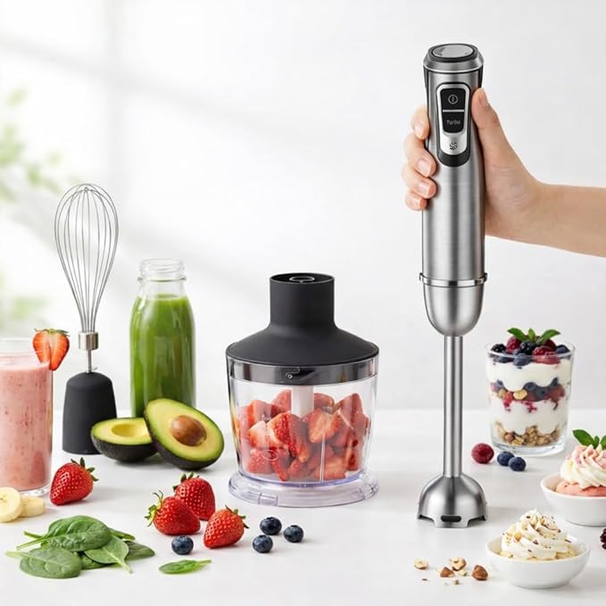 Megawise HB-2080 1000W 5-in-1 Immersion Hand Blender Powerful Stick Blender with Variable Speed &amp Turbo Stainless Steel Shaft &amp Blades Includes Whisk Frother Chopper Bowl &amp Beaker