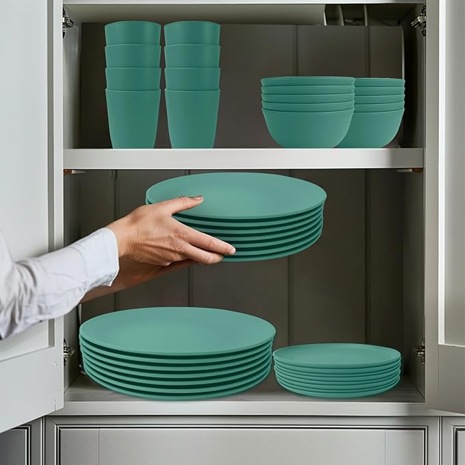 Wrova 40Pack plates and bowls sets for kids - Unbreakable wheat straw dinnerware sets service for 8 - Alternative plastic 40pcs dish sets for kitchen camping and indoors dinning - (Green)