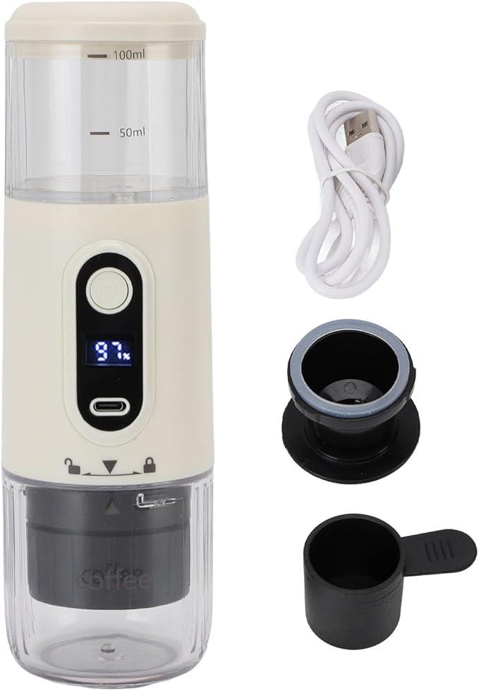 Portable Electric Espresso Machine Rechargeable Travel Coffee Maker Handheld Car Coffee Maker for Camping Hiking Office Powder and Capsules Compartment (Beige)