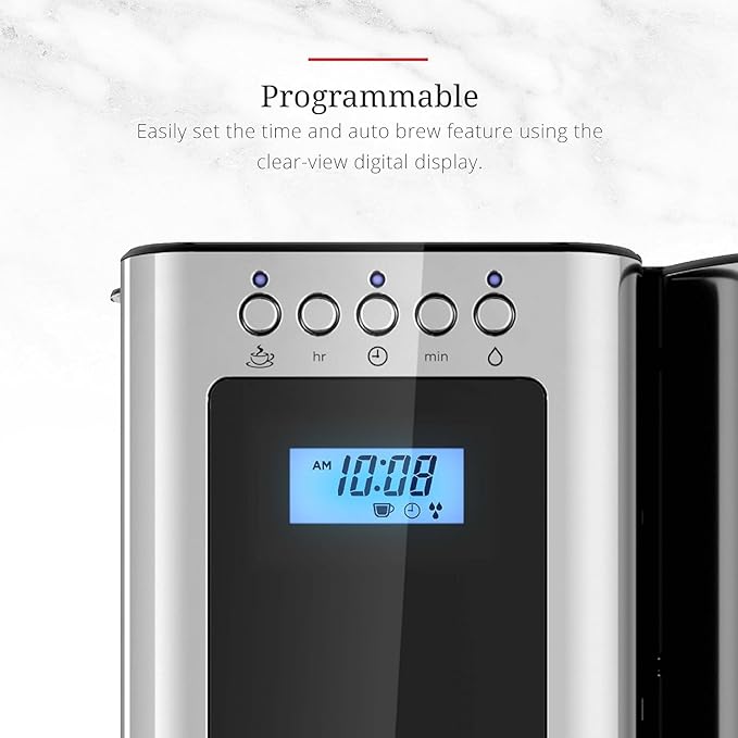 8 Cup Programmable Glass Coffee Maker – Stainless Steel &amp Black Auto Brew Timer Digital Display Home Coffee Machine