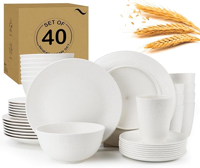 40 PCS Premium Wheat Straw Dinnerware Sets for 8 Unbreakable and Lightweight Dinner PlatesMicrowave Safe Plates and Bowls Sets for KitchenPicnic and PartyCereal &amp Salad BowlsWater Glasses(Bei