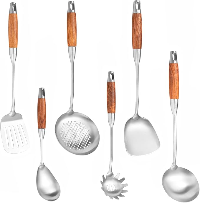 Stainless Steel Cooking Utensils with Wooden Handle 6 PCS Stainless Steel Kitchen Utensils 12.5-14 Wok Spatula Ladle Skimmer Slotted Spatula Turner Spaghetti Spoon Large Spoon