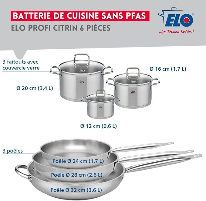 ELO 9512650 Cookware Set 6-Piece 3-Piece Cookware Set 24 28 32 cm and 3 Saucepans 12 16 and 20 cm Elo Profi Citrine Stainless Steel Induction