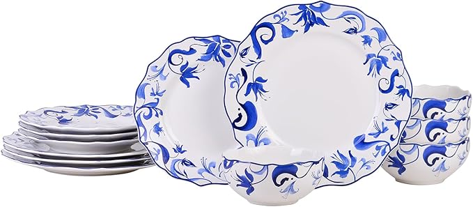 222 Fifth 12-Piece Porcelain Dinnerware Set for 4 Blue &amp White Plates and Bowls Set Glossy Ceramic Dish Set with Beautiful Floral Rims Elegant Kitchen Dishes Microwave &amp Dishwasher Safe A