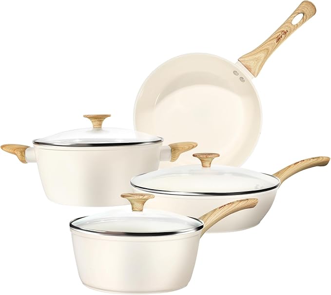 FELAMP Healthy Ceramic Nonstick Cookware Set 7-Piece PFOA/PFOS/Toxin-Free Pots &amp Pans Set for Induction &amp All Stovetops Dishwasher Safe with Glass LidsGift for New Home &amp Chefs
