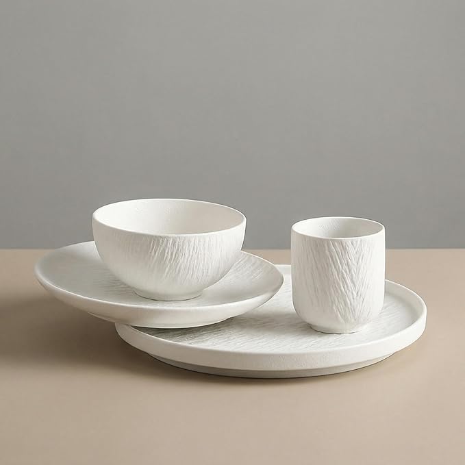 Wabi Sabi Stone Texture Ceramic Dinnerware Set 16-Piece Matte Bowl &amp Plate Set - 10” &amp 8” Plates Bowl Cups - Minimalist Stoneware for Modern Dining (Black/White) (white)