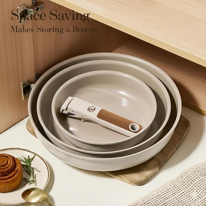 CAROTE 4pcs Ceramic Frying Pans Titanium Non Stick 8+10+12” Frying Pan Egg Pan Omelet Pans with Detachable Handle Nonstick Cookware PFOA Free Induction Compatible &amp Oven Safe Dishwasher Saf