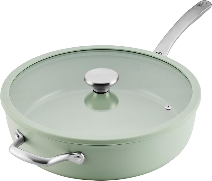 Circulon Halo with LaserDefense Ceramic Nonstick Saute Pan with Helper Handle and Lid Made without PFAS Compatible with All Stovetops Dishwasher and Oven Safe 5 Quart Multipurpose Pan - Sage