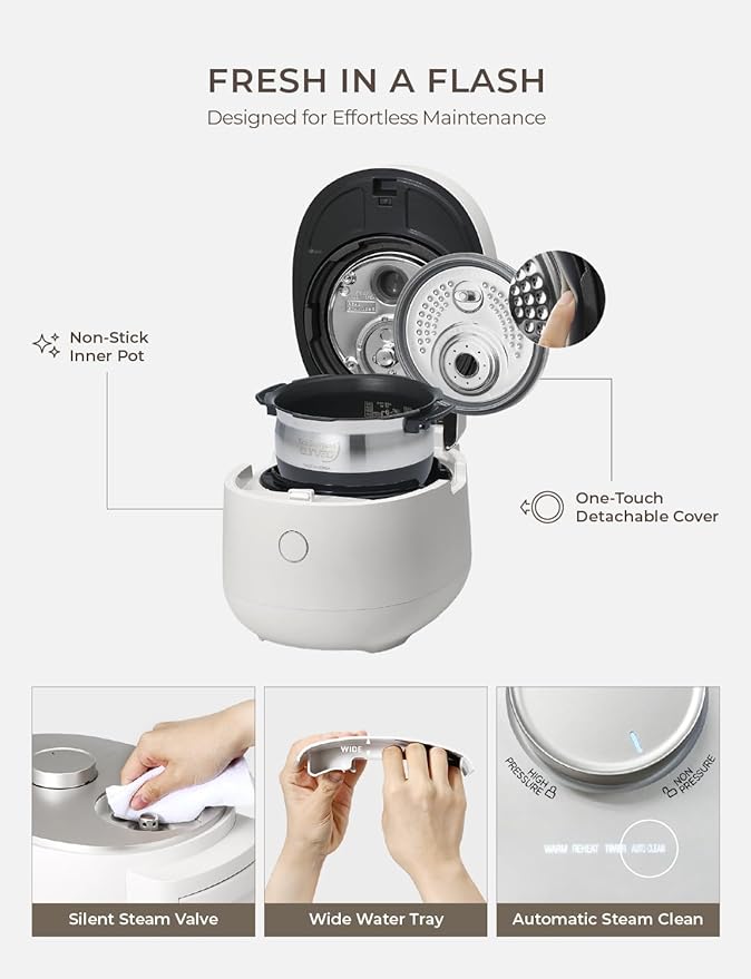 CUCKOO Twin Pressure Rice Cooker 6-Cup Uncooked / 12-Cup Cooked with Induction Heating Technology Silent Pressure System Open Cooking Mode Dynamic Display Eco Inner Pot White (CRP-OHTR0609FW)