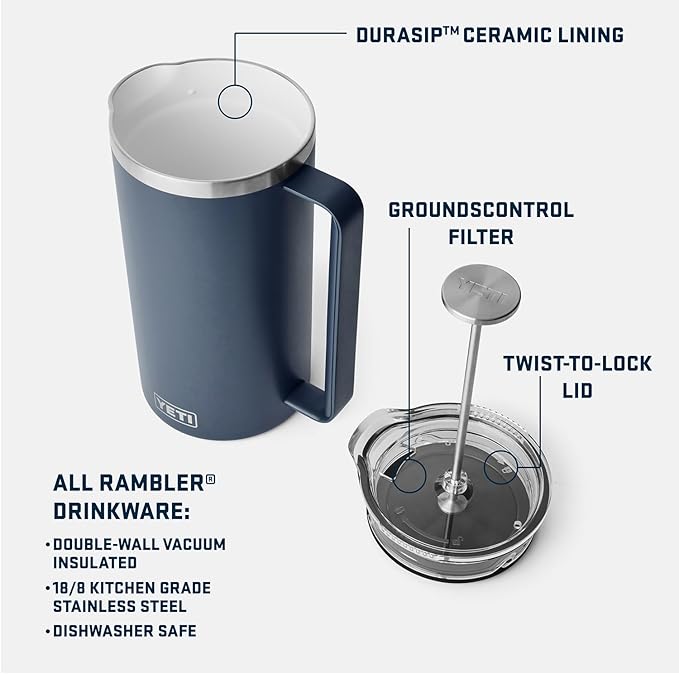 YETI Rambler 34 oz. French Press Coffee Maker (1) 16 oz Travel Bottle Stainless Steel Cape Taupe