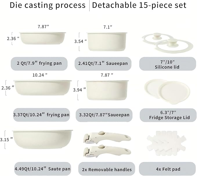 15pcs of Healthy Ceramic Cookware SetInduction Kitchen Cooking Sets with Detachable HandlePots and Pans Set Non StickNon Toxic Cookware Set RV Camping Stackable Pots Kitchen SetPFAS/PFOA Free