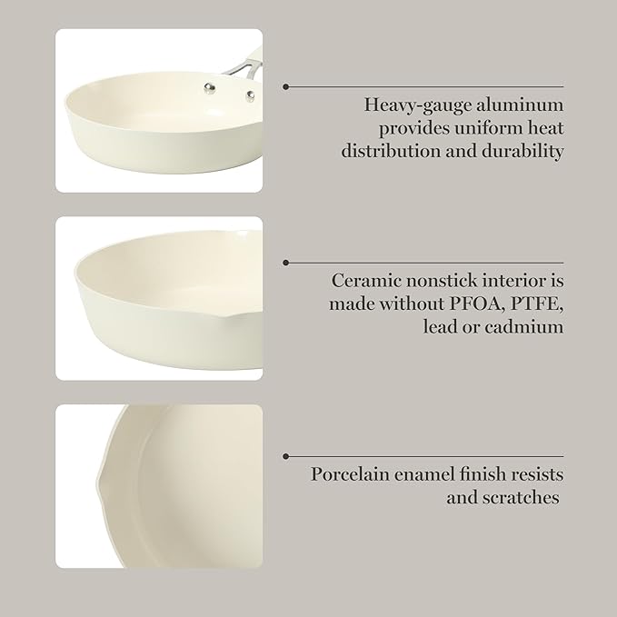 Martha Stewart Heathland 9.5 Inch Aluminum Cookware Non-Toxic Premium Ceramic Non Stick Frying Pan Kitchen Egg Pan Omelet Pots and Pans Linen White Induction Safe