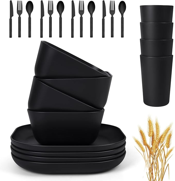 24 Piece Wheat Straw Square Dinnerware Sets for 4 Unbreakable Dinner Plates and Bowls Sets for Camping Party Grill (Black)