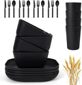 24 Piece Wheat Straw Square Dinnerware Sets for 4 Unbreakable Dinner Plates and Bowls Sets for Camping Party Grill (Black)