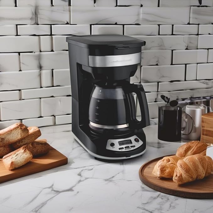 Hamilton Beach 12 Cup Programmable Drip Coffee Maker Machine Regular &amp Bold Brew Options Auto Pause and Pour Glass Carafe Black with Stainless Accents (46299J)