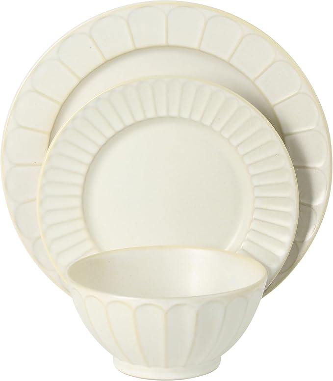 Gibson Elite Winchester Way 12-Piece Embossed Stoneware Dinnerware Set – Reactive Matte Glaze Durable Lightweight-Tech Plates &amp Bowls Everyday Dish Set Microwave &amp Dishwasher Safe – Off-Whi
