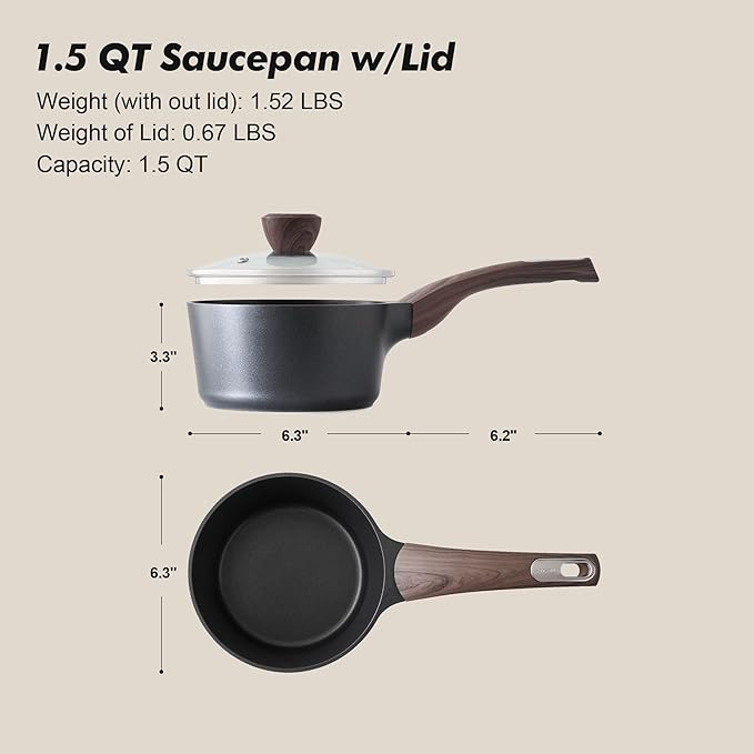 SENSARTE Nonstick Cookware Set 13-Piece Healthy Kitchen Cooking Set 1.5 Quart Nonstick Sauce Pan with Lid Induction Comptable PFOA Free
