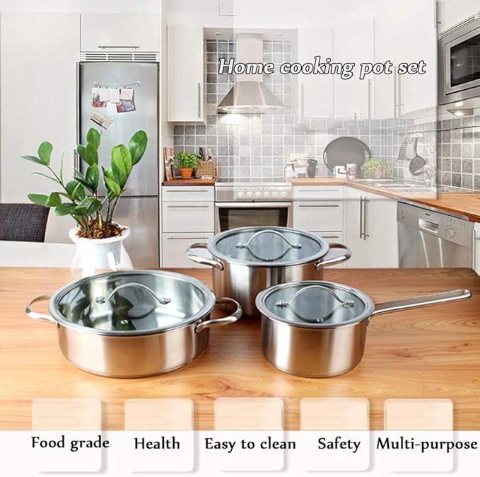 Cooking Pot Non Stick Cookware SetsStainless Steel Pots and PansFrying Pan and Saucepan Set for BakingBroilingFryingRoasting3PCS