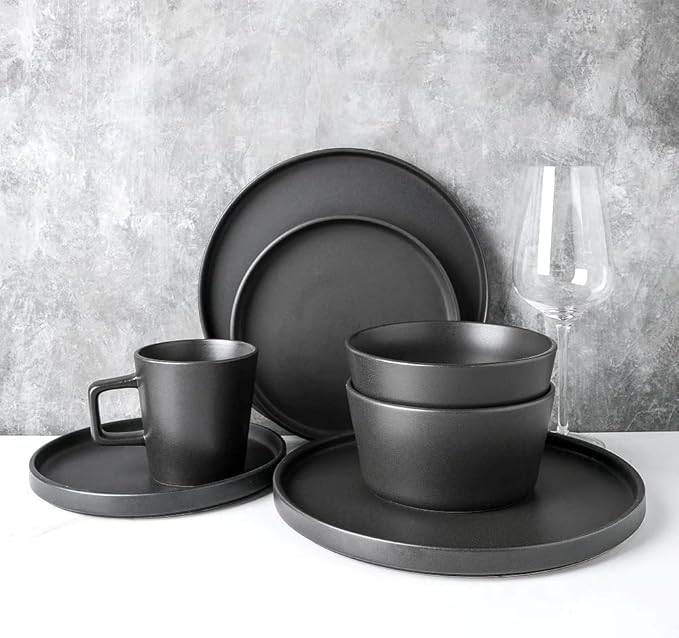 Durable 32 Piece Round Ceramic Stoneware Dinnerware Set For 8 Rustic Speckled Collection | Unique Lipped Rim Design On Plates Microwave &amp Dishwasher Safe | Modern Appearance Pretty Black Shade