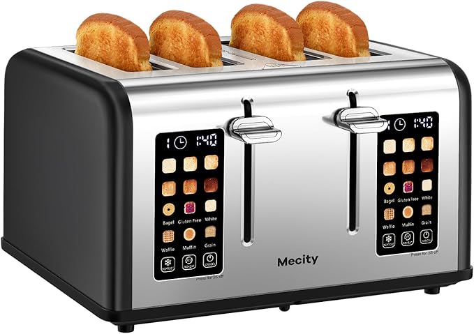 Mecity 4 Slice Toaster with Touch Screen Control 4 Wide Slots Stainless Steel Smart Bread Toaster for Bagels Muffins Waffles Dual Control Panel Timer Defrost Reheat 120V 1650W Matt Black