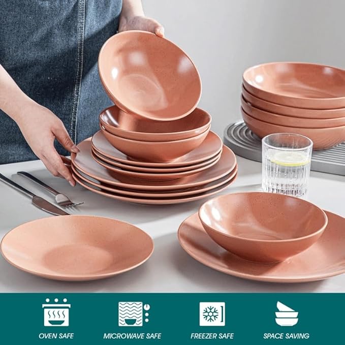 16 Piece Embossed Stoneware Tableware Set with Dinner/Dessert/Soup Plate Bowl Service for 4 Person