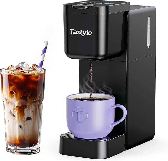 Single Serve Coffee Maker Hot and Iced with Bold Brew Small Coffee Machine for K Cup and Ground Fits 7.3'' Travel Mug Brews up to 16 Oz 5 Cup Sizes for Office RV&amp Hotel Elegant Black