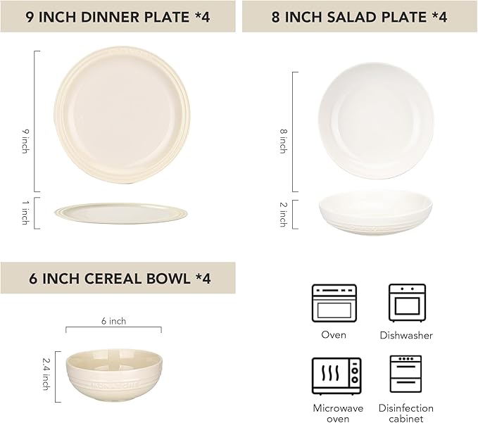 12-Piece White Ceramic Dinnerware Set - Monazone Series Service for 4 Includes Bowls &amp 8''/9'' Plates Glossy Finish