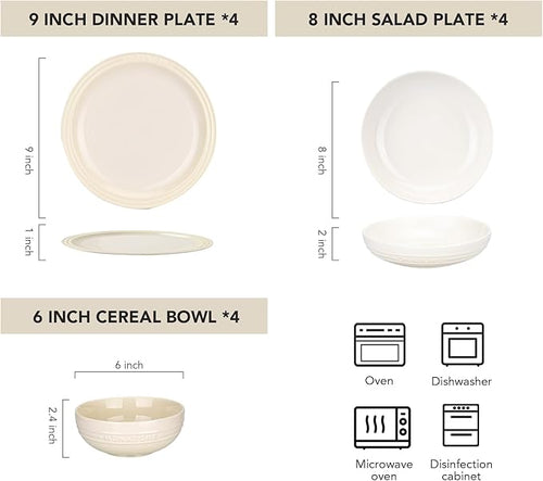 12-Piece White Ceramic Dinnerware Set - Monazone Series Service for 4 Includes Bowls &amp 8''/9'' Plates Glossy Finish