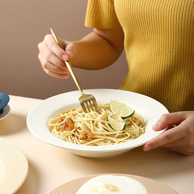 Ceramics Dinner Sets 34 Pieces Nordic Style Threaded Edge Dinnerware Combination Set | Porcelain Plates And Cereals Bowls Sets For Wedding GiftsA