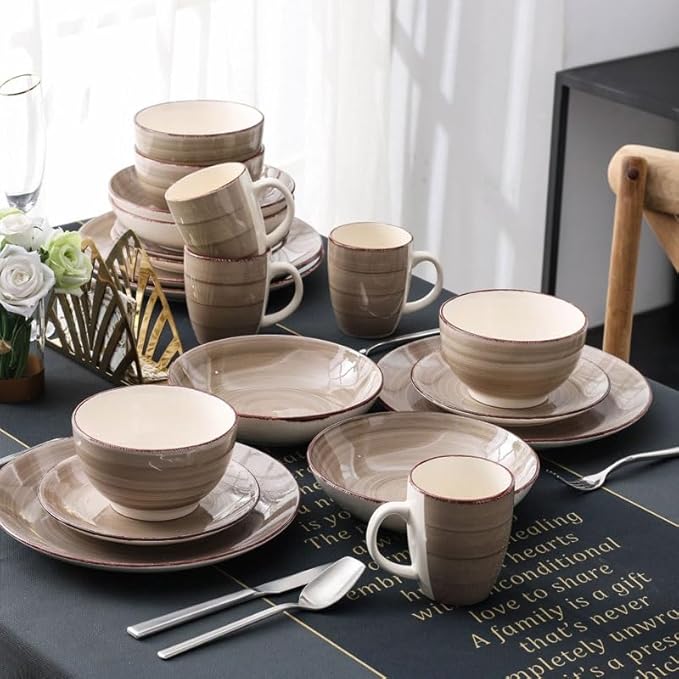 16 Pieces Porcelain Dinner Set Vintage Look Ceramic Plate with Dessert Bowl Mug