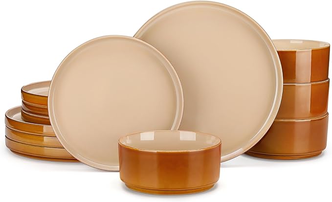 vancasso ONION Ceramic Plates and Bowls Sets 12 Pieces Brown Dinnerware Sets for Kitchen Reactive Glaze Dishes Set for 4 Dishwasher and Microwave Safe
